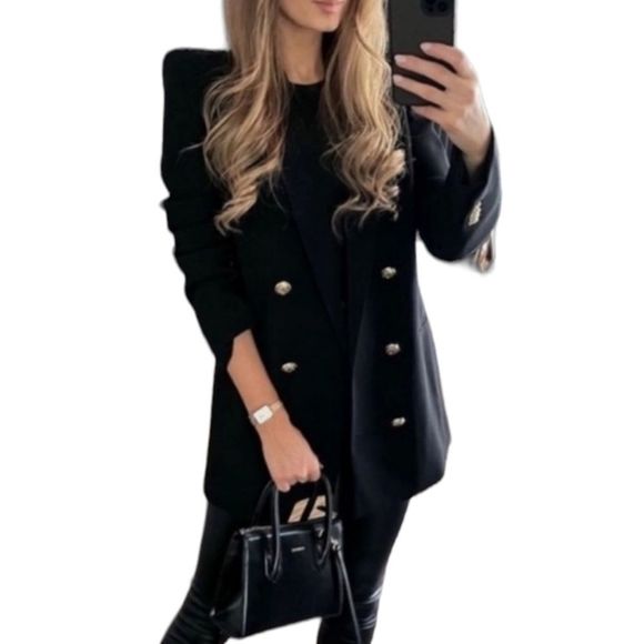 Zara Jackets & Blazers - ZARA Black Padded Shoulder Double Breasted Blazer with Gold Buttons Sz XXL